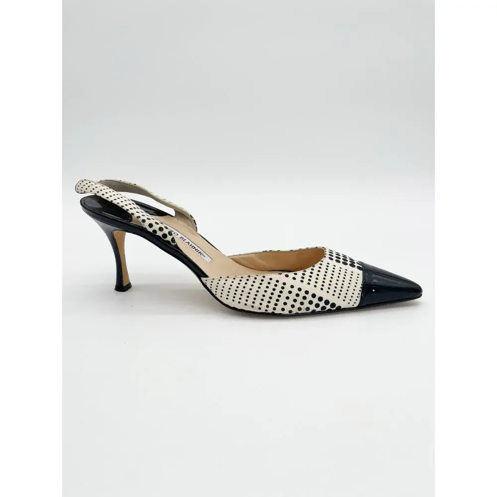 Manolo Blahnik Vintage Black White Polka Dot Cap Toe Slingback Heels IT 42